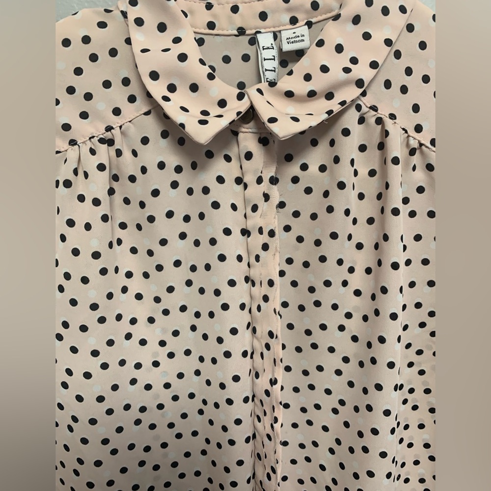 Elle Polka Dot Pink and Black Long Sleeve Button Up Blouse Size Small
